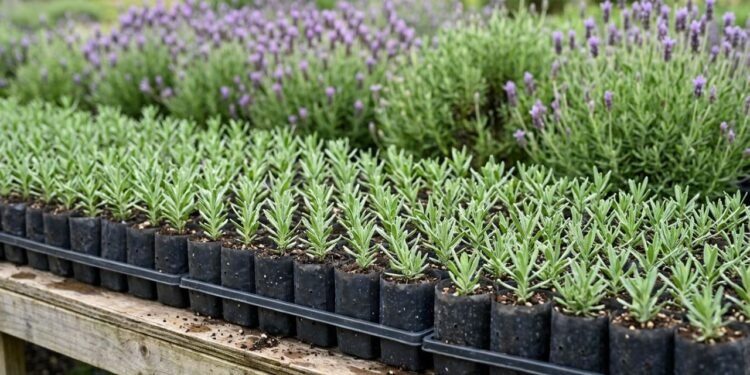 As mudas de lavanda francesa (Lavandula dentata) podem ser produzidas em recipientes pequenos e organizadas em lotes padronizados para floriculturas, viveiros e projetos de paisagismo