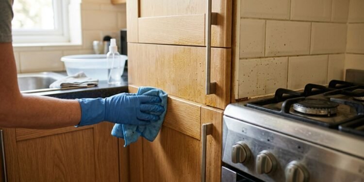 Limpar armários engordurados com pano macio, detergente neutro e pouca umidade ajuda a remover a película de gordura sem comprometer o acabamento