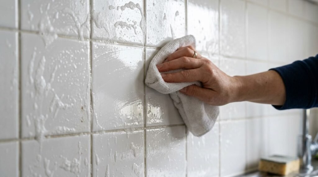 A limpeza do azulejo engordurado deve terminar com enxágue cuidadoso e secagem para evitar que restos de detergente formem uma nova película opaca