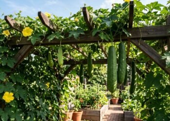 A bucha vegetal (Luffa aegyptiaca) aproveita cercas e pergolados como suporte para os ramos, permitindo que os frutos cresçam suspensos até atingir a maturação necessária para formar a fibra