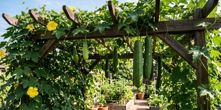 A bucha vegetal (Luffa aegyptiaca) aproveita cercas e pergolados como suporte para os ramos, permitindo que os frutos cresçam suspensos até atingir a maturação necessária para formar a fibra