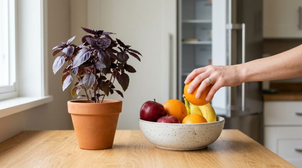 A imagem destaca que o controle das mosquinhas das frutas depende principalmente da retirada de frutas muito maduras e resíduos fermentados, enquanto o manjericão-roxo (Ocimum basilicum) atua apenas como elemento aromático complementar