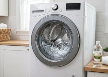 A limpeza da máquina de lavar pode incluir vinagre branco em modelos que permitem seu uso, principalmente contra depósitos minerais, mas o procedimento não substitui a manutenção de filtros e outras peças