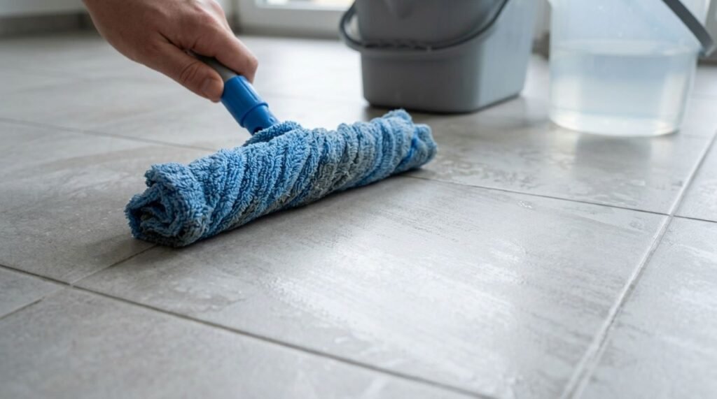 Remover resíduos com água limpa, microfibra e bom enxágue ajuda a recuperar a aparência uniforme do piso fosco sem acrescentar mais detergente