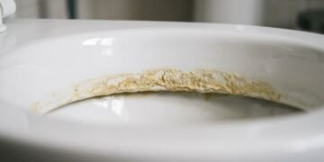 Depósito mineral amarelado acumulado na linha d'água de um vaso sanitário de porcelana