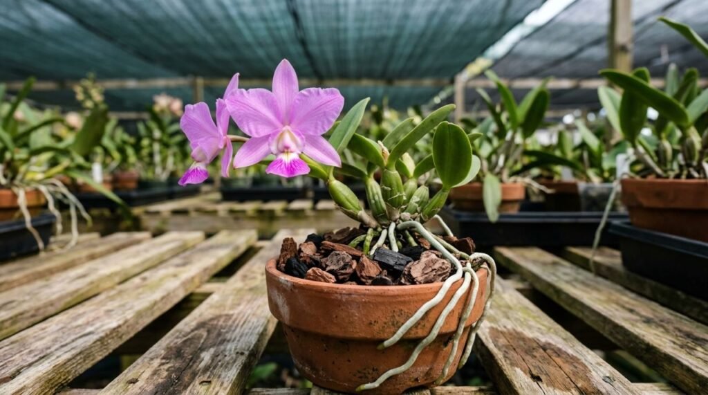 A imagem destaca o cultivo de Cattleya walkeriana em recipiente pequeno e bem drenado, mostrando como substrato poroso, ventilação e sombreamento ajudam a preservar as raízes durante a produção