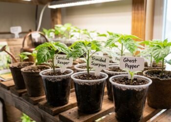 As pimentas superpicantes (Capsicum chinense) podem ser iniciadas em pequenos recipientes individuais, desde que cada variedade permaneça corretamente identificada desde a germinação