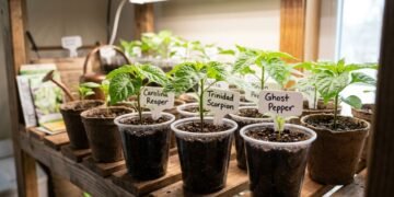 As pimentas superpicantes (Capsicum chinense) podem ser iniciadas em pequenos recipientes individuais, desde que cada variedade permaneça corretamente identificada desde a germinação