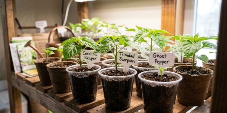 As pimentas superpicantes (Capsicum chinense) podem ser iniciadas em pequenos recipientes individuais, desde que cada variedade permaneça corretamente identificada desde a germinação