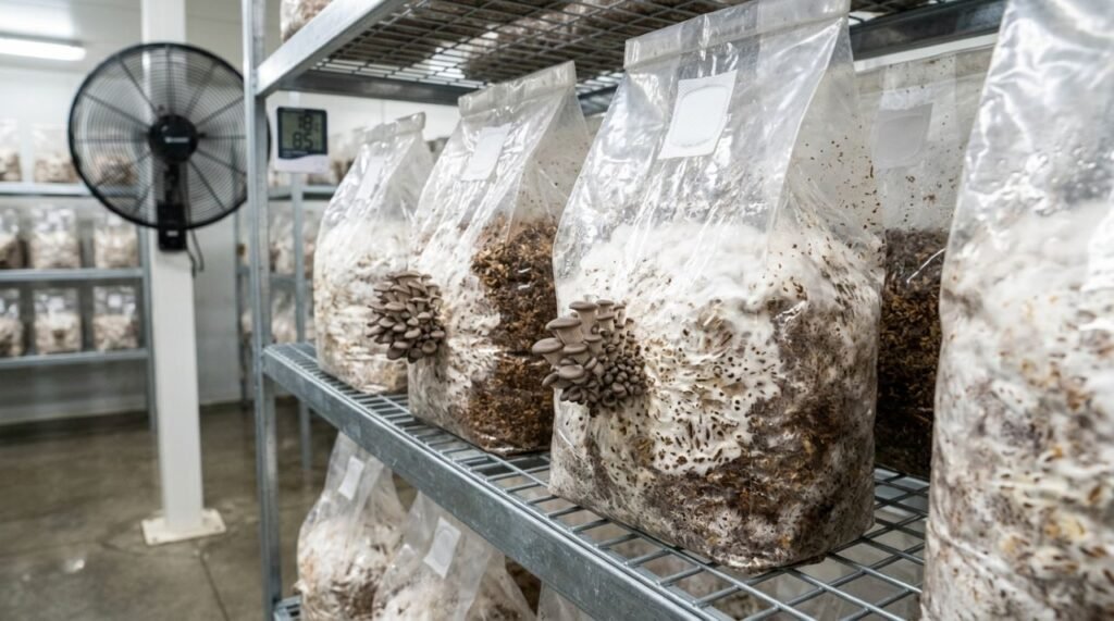 No cultivo de cogumelos Pleurotus, o micélio coloniza o substrato antes de formar os cachos que serão colhidos