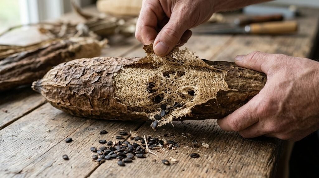 A imagem mostra a etapa de beneficiamento da bucha vegetal (Luffa aegyptiaca), quando o fruto seco perde a casca e as sementes para revelar a fibra usada em banho, limpeza e artesanato