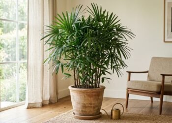 A palmeira-ráfia (Rhapis excelsa) adapta-se bem a salas com luz difusa e sombra parcial, oferecendo presença ornamental sem funcionar como substituta da ventilação na remoção de poluentes