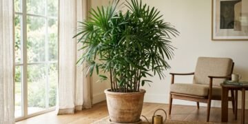 A palmeira-ráfia (Rhapis excelsa) adapta-se bem a salas com luz difusa e sombra parcial, oferecendo presença ornamental sem funcionar como substituta da ventilação na remoção de poluentes