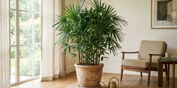 A palmeira-ráfia (Rhapis excelsa) adapta-se bem a salas com luz difusa e sombra parcial, oferecendo presença ornamental sem funcionar como substituta da ventilação na remoção de poluentes