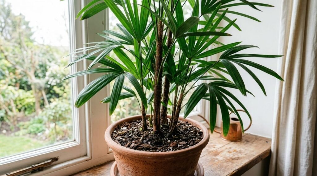 A imagem destaca as condições que favorecem a palmeira-ráfia (Rhapis excelsa) dentro de casa, com luz difusa, rega equilibrada e drenagem adequada para manter a touceira saudável
