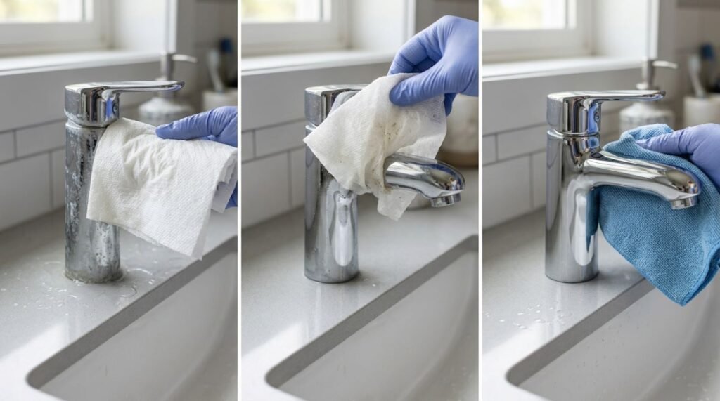 A imagem destaca o truque do papel-toalha para manter o vinagre diluído em contato com depósitos minerais de torneiras cromadas sem recorrer a esponjas abrasivas
