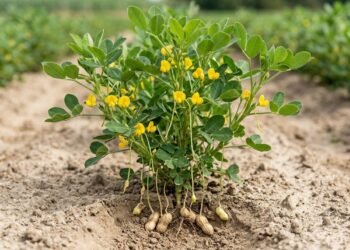 O amendoim floresce acima da terra, mas seus ginóforos conduzem os ovários fecundados para o solo onde as vagens começam a se formar
