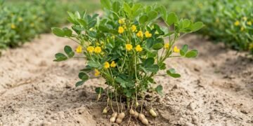 O amendoim floresce acima da terra, mas seus ginóforos conduzem os ovários fecundados para o solo onde as vagens começam a se formar