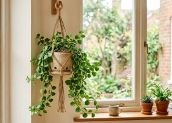 A peperômia-pendente (Peperomia serpens) aproveita bem espaços próximos às janelas e acrescenta umidade de forma discreta pela transpiração, sem funcionar como barreira contra o ar seco
