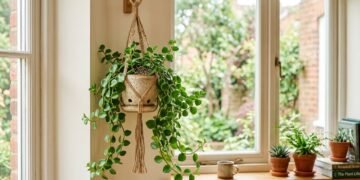 A peperômia-pendente (Peperomia serpens) aproveita bem espaços próximos às janelas e acrescenta umidade de forma discreta pela transpiração, sem funcionar como barreira contra o ar seco