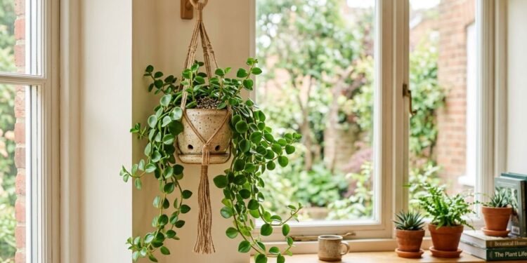 A peperômia-pendente (Peperomia serpens) aproveita bem espaços próximos às janelas e acrescenta umidade de forma discreta pela transpiração, sem funcionar como barreira contra o ar seco