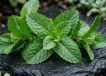 Folhas frescas de hortelã-pimenta Mentha piperita com gotículas de água sobre pedra