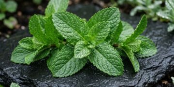Folhas frescas de hortelã-pimenta Mentha piperita com gotículas de água sobre pedra