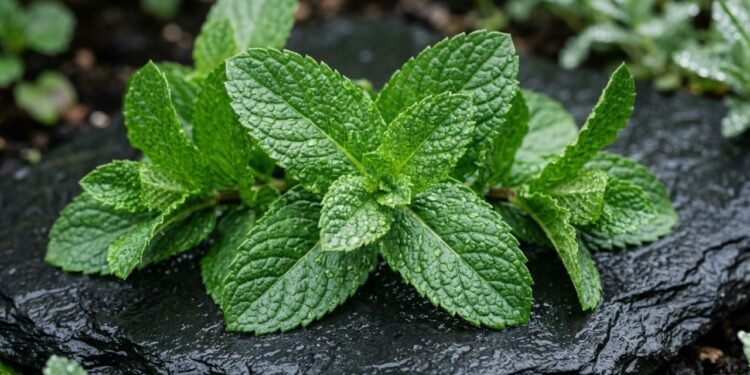 Folhas frescas de hortelã-pimenta Mentha piperita com gotículas de água sobre pedra
