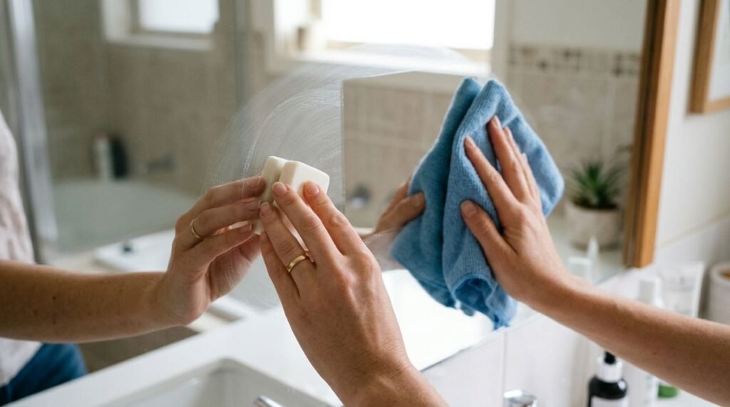 Os surfactantes do sabão ajudam a espalhar a água em uma película mais uniforme sobre o espelho do banheiro