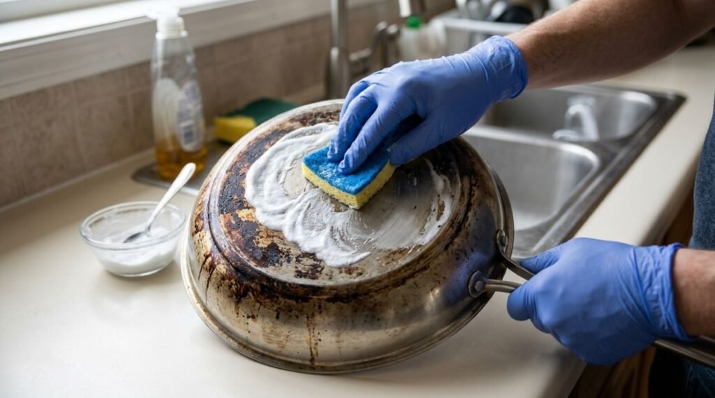 A pasta de bicarbonato com água ajuda a soltar resíduos queimados sem recorrer a misturas domésticas mais agressivas