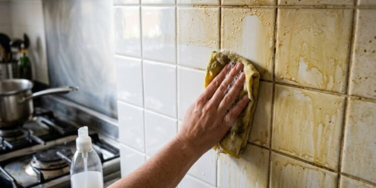 O azulejo engordurado pode perder brilho por causa de uma película fina de gordura e resíduos acumulados perto das áreas de preparo de alimentos