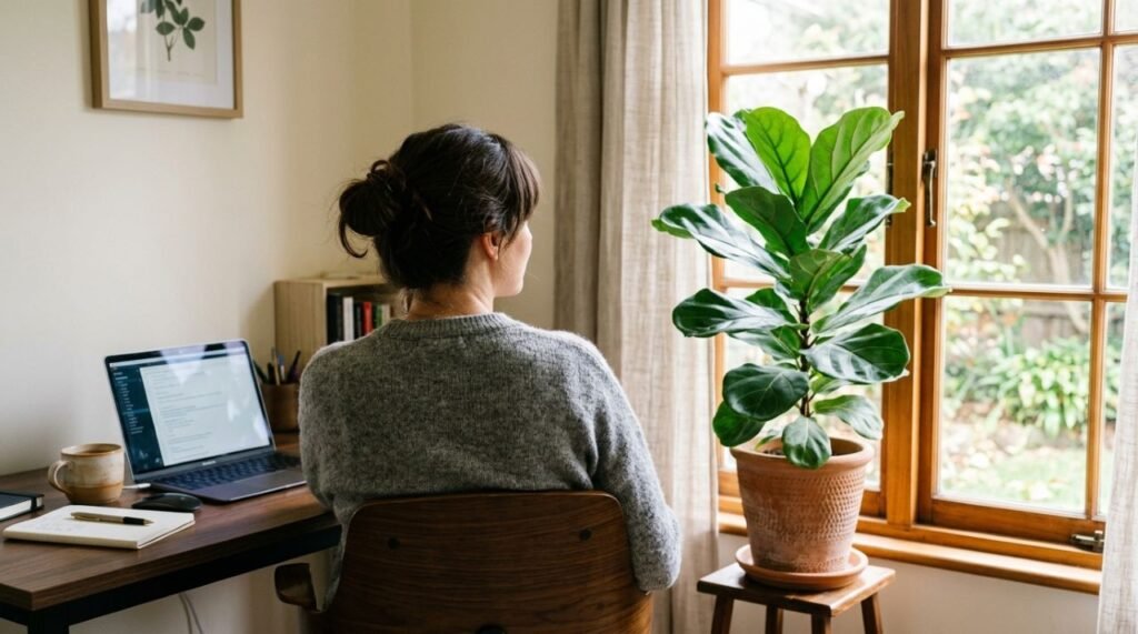 A imagem destaca o fícus-lira (Ficus lyrata) como ponto visual de descanso em ambientes com telas, complementando pausas e organização do espaço sem prometer redução direta de fadiga ocular