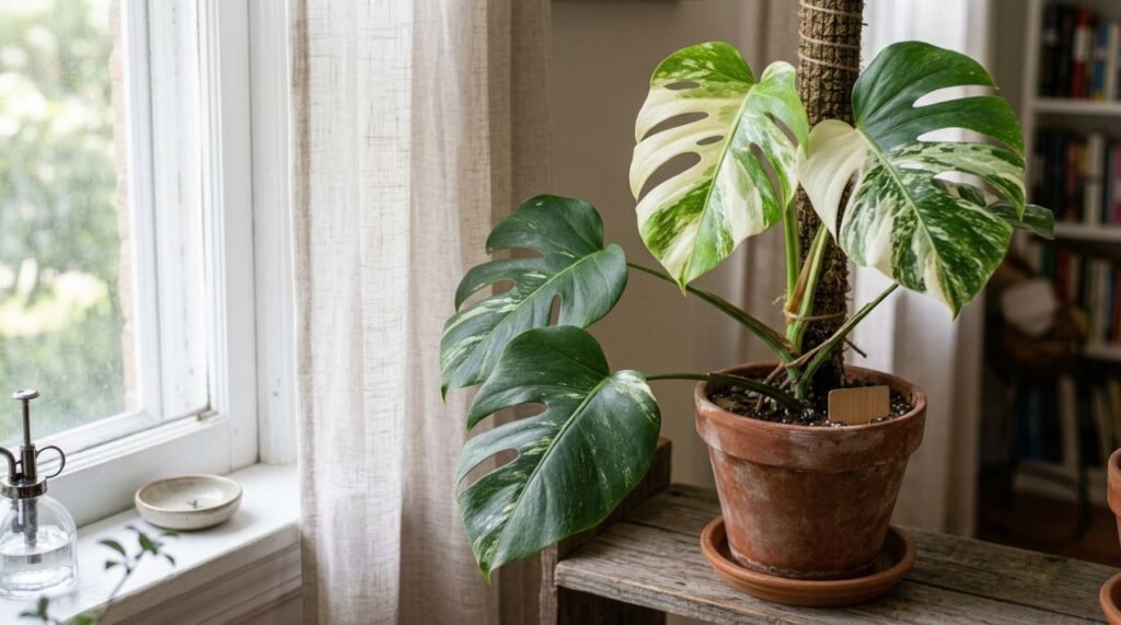 Folhas variegadas podem perder contraste em pouca luz, e o ajuste gradual da posição do vaso favorece uma coloração mais característica nas novas brotações