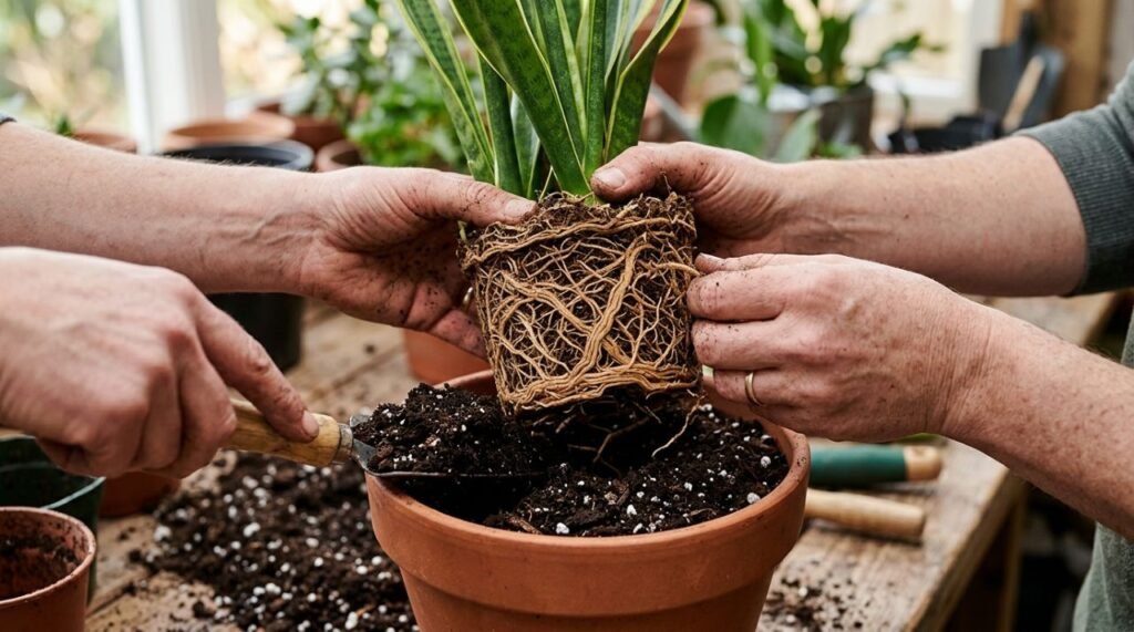 Ao replantar, aumentar o vaso gradualmente e afrouxar com cuidado as raízes enroladas ajuda a oferecer espaço novo sem excesso de substrato úmido