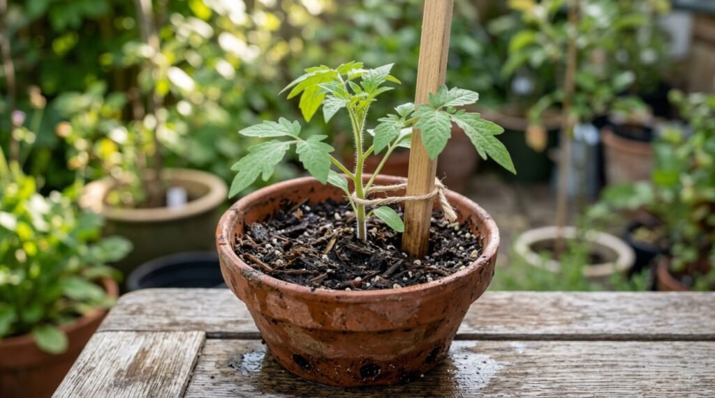 A preparação do vaso com substrato leve, drenagem eficiente e tutor instalado desde o início favorece o desenvolvimento do tomate-cereja em pequenos espaços