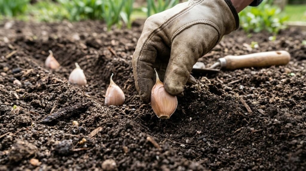 Os dentes de alho devem ser plantados inteiros, com a película preservada e espaçamento suficiente para que cada planta forme seu próprio bulbo