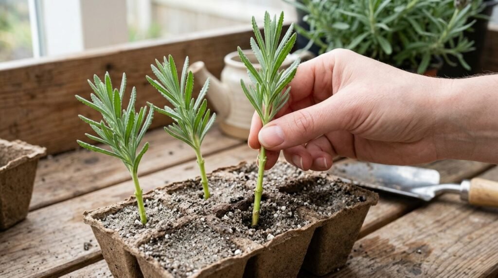A imagem destaca a produção de mudas de lavanda francesa (Lavandula dentata) por estaquia, utilizando ramos apicais preparados para formar raízes antes do transplante e da comercialização