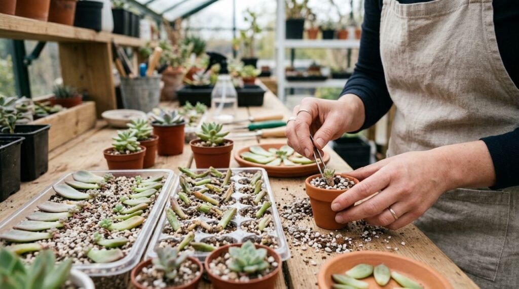 A produção de mudas de suculentas depende de propagação cuidadosa, boa drenagem e tempo para formar plantas prontas para venda
