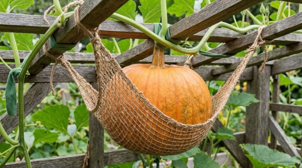 Frutos pesados de abóbora cultivada na vertical podem precisar de uma rede de apoio para reduzir a tensão sobre a rama e o pedúnculo