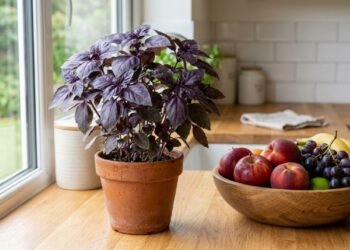 O manjericão-roxo (Ocimum basilicum) acrescenta aroma e valor ornamental à cozinha, mas seu efeito sobre drosófilas deve ser apenas complementar ao controle das fontes de alimento
