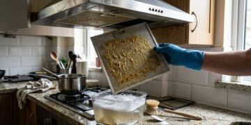 O filtro metálico da coifa acumula gordura e resíduos do preparo dos alimentos, e a limpeza funciona melhor com água quente, detergente e escovação leve
