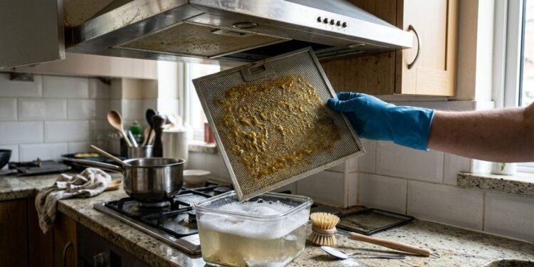 O filtro metálico da coifa acumula gordura e resíduos do preparo dos alimentos, e a limpeza funciona melhor com água quente, detergente e escovação leve