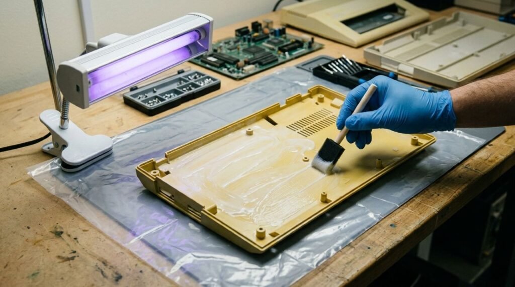 No processo Retrobright, o clareamento de plástico amarelado exige controle da peça, da exposição à luz e do uso de peróxido