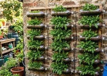 A rúcula hidropônica (Eruca sativa) aparece cultivada em garrafas PET reaproveitadas presas a uma parede iluminada, mostrando como um muro do quintal pode receber uma pequena estrutura de produção sem solo