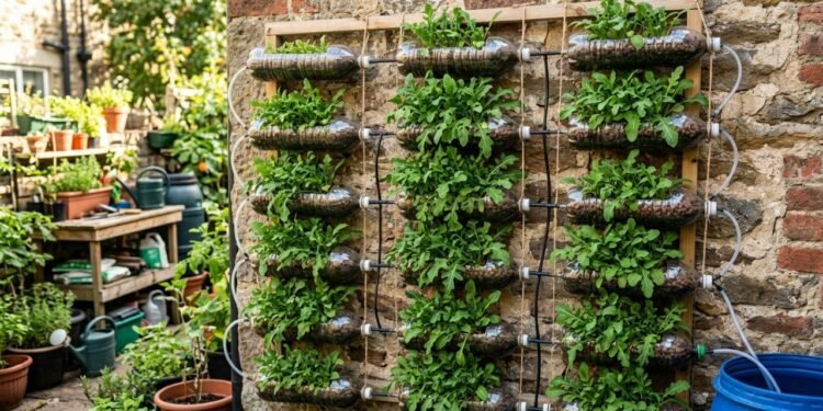A rúcula hidropônica (Eruca sativa) aparece cultivada em garrafas PET reaproveitadas presas a uma parede iluminada, mostrando como um muro do quintal pode receber uma pequena estrutura de produção sem solo
