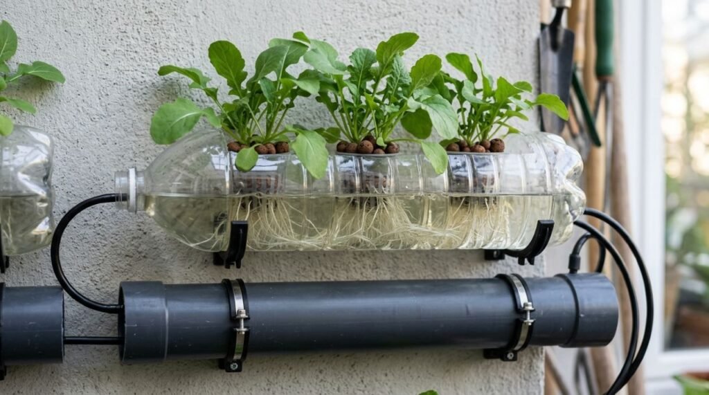 A imagem destaca o funcionamento da rúcula hidropônica (Eruca sativa) em cultivo vertical, com circulação de solução nutritiva, raízes bem posicionadas e estrutura simples adaptada para uma produção doméstica de pequeno porte