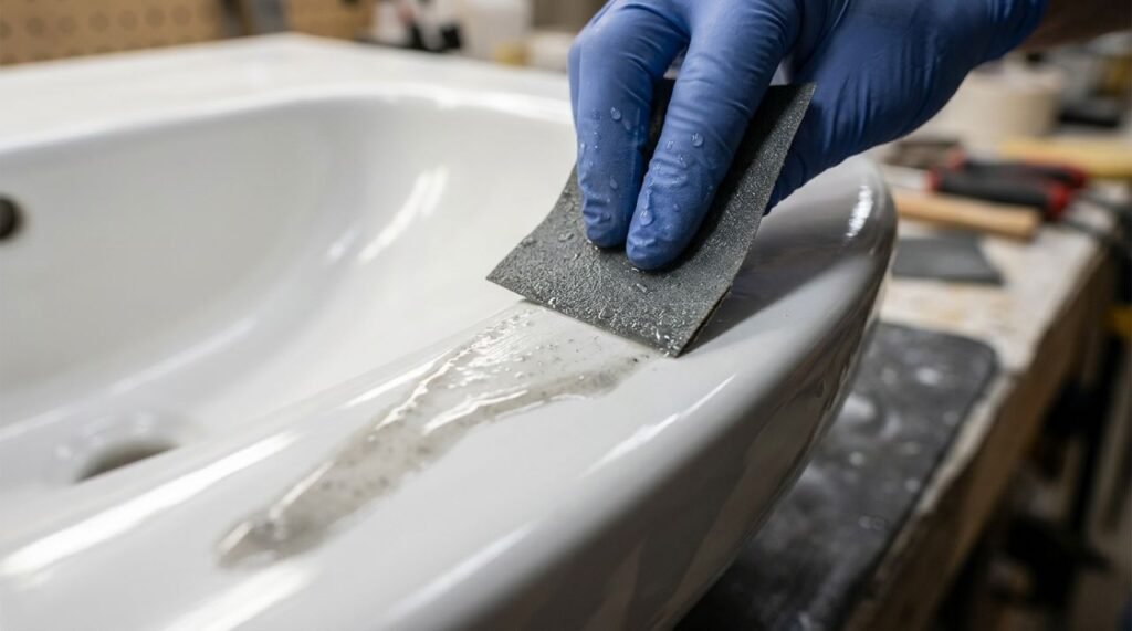 Detalhe de uma lixa d'água fina e úmida em contato com a porcelana sanitária vitrificada