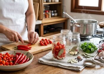 A imagem destaca a preparação das conservas de pimenta, em que seleção dos frutos, higiene, acidificação e envase correto são etapas essenciais antes da comercialização