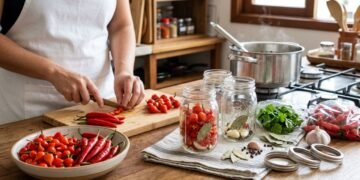 A imagem destaca a preparação das conservas de pimenta, em que seleção dos frutos, higiene, acidificação e envase correto são etapas essenciais antes da comercialização