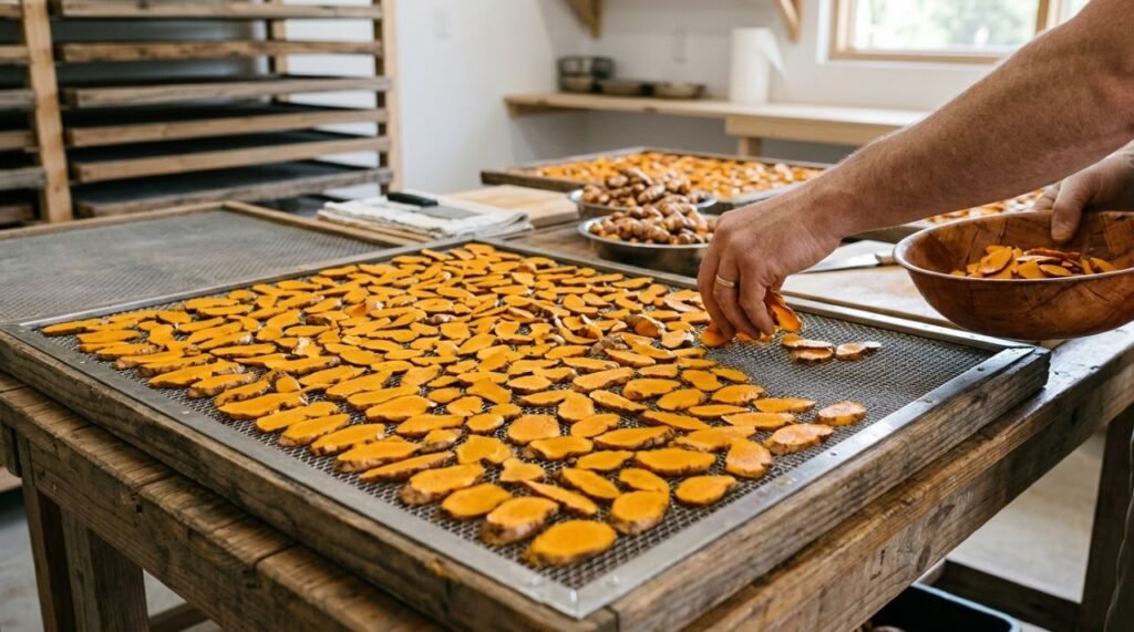 A imagem destaca uma etapa central do processamento da cúrcuma (Curcuma longa), quando os rizomas são lavados, fatiados e secos para reduzir a umidade antes da moagem e embalagem